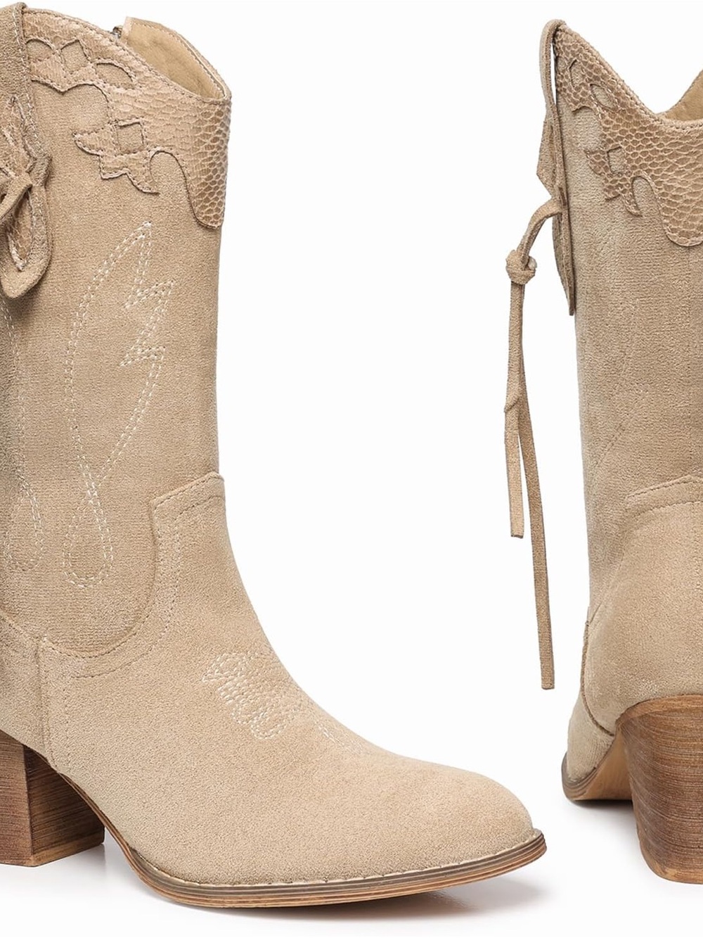 Women’s Beige Suede Western Mid-Calf Boots